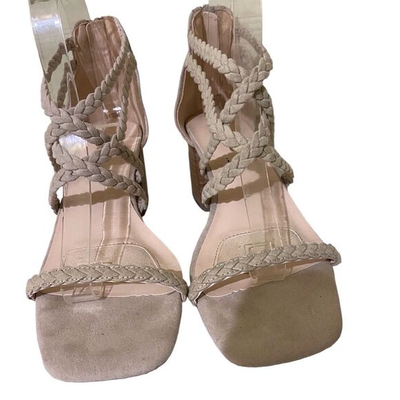 JOIE Felina Taupe Cream Suede Braided Strappy Sandals Chucky Block Heel Zip Back - Picture 4 of 10